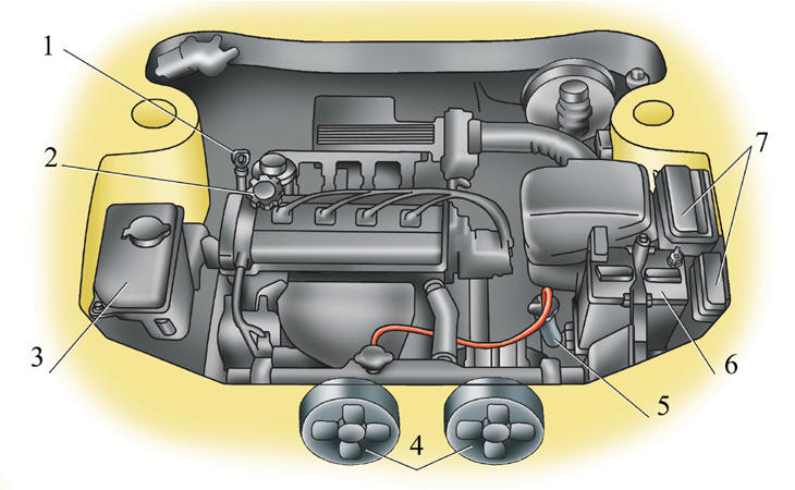 Вид моторного отсека (для двигателей моделей 4Е-FE и 7А-FE)