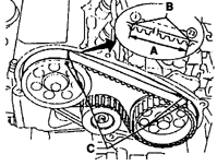5. Совместите белые штрихи на ремне с метками на шестерне распредвала и шестерне