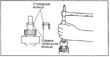 Для снятия обгонной муфты с вала якоря стартера необходимо снять стопорное и