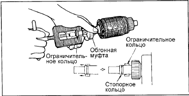 2. Установите сначала ограничительное кольцо, затем стопорное кольцо на передний
