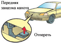 Потяните на себя за нижний край защелки спереди автомобиля и откройте капот.