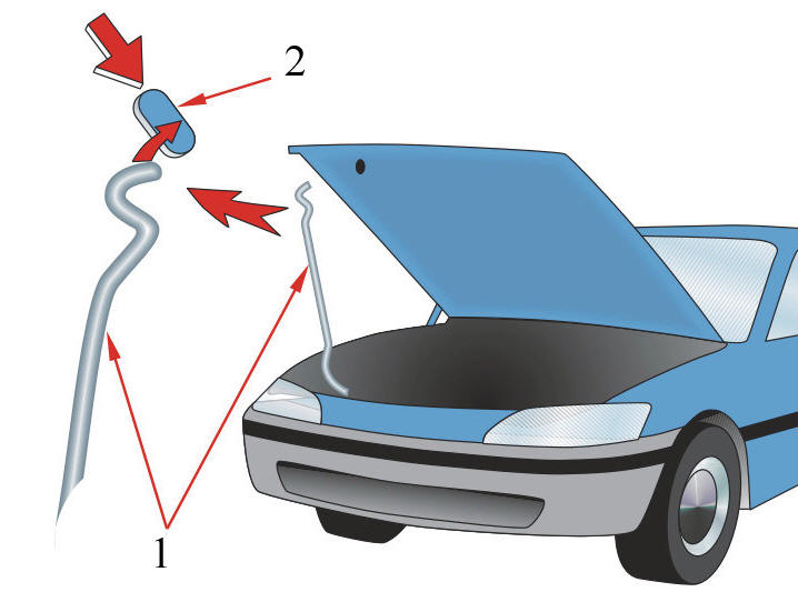 Зафиксируйте капот в открытом состоянии, подставив стойку (1) и уперев ее в паз