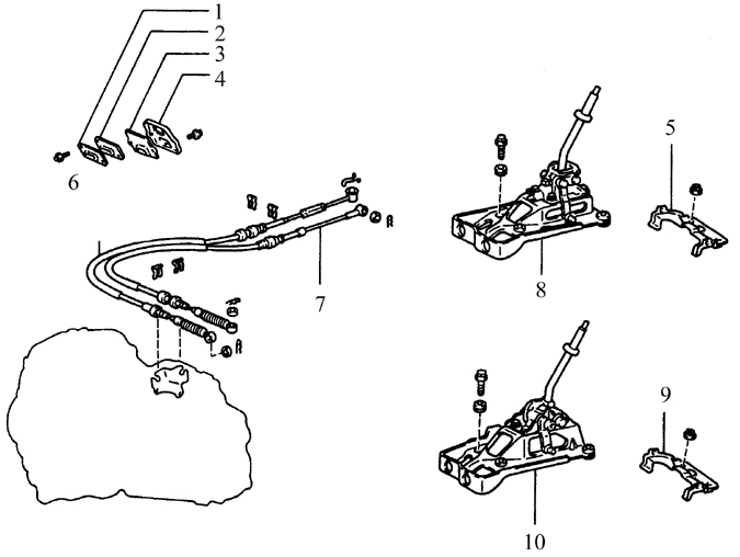 Переключающие тросики и агрегат рычага переключения передач (модели выпуска 1993-1995