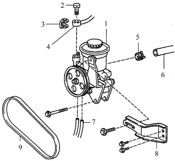 Крепление и соединения насоса системы усиления рулевого управления (на